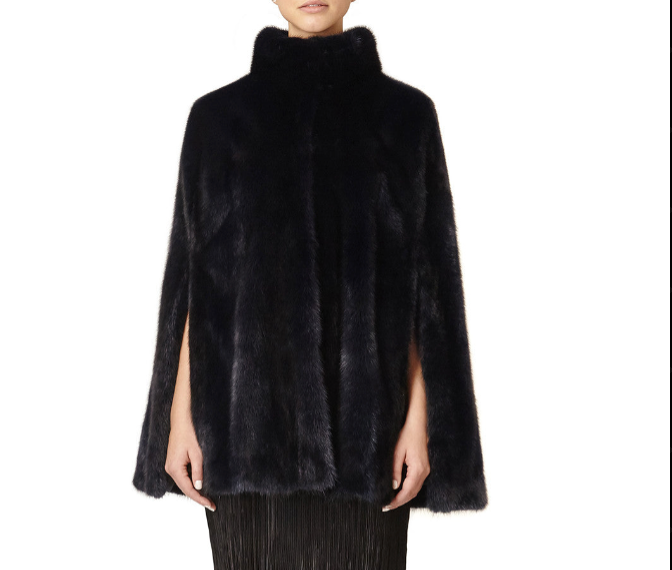 Black fur MINK LILLY E VIOLETTA cape worn by a MODEL on a white background