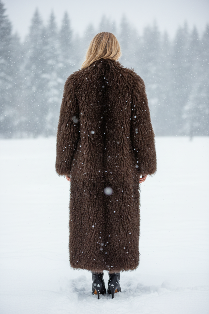 Person wearing a long brown coat standing in a snowy landscape with trees.