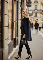 Woman in a navy Mink cape from lilly e violetta coat walking on a city street, holding a black dior handbag.