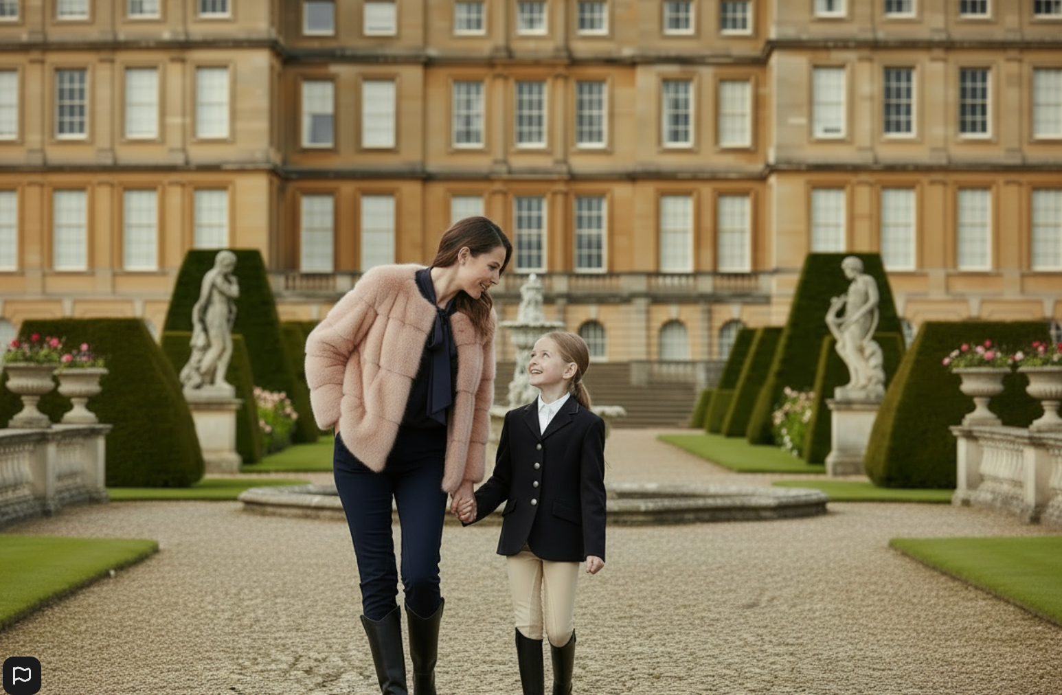 Woman and young girl walking together in a formal garden setting with classical architecture.