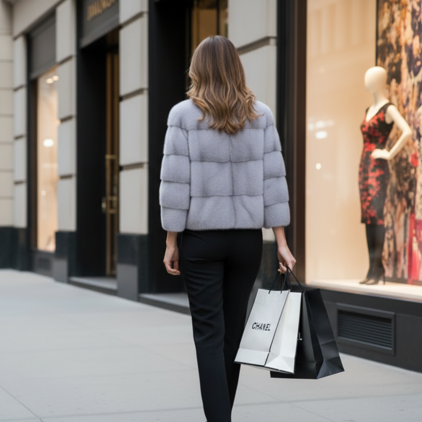 Woman in a light gray mink jacket walking on a city street with shopping bags.