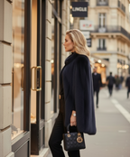 Woman in a dark blue mink cape from lilly e Violetta wearing a DIOR handbag and pants walking on a Paris street.