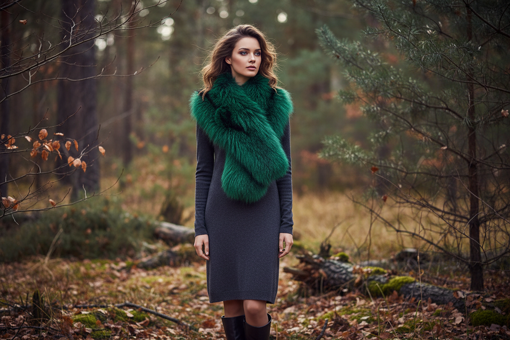 Arabella Silver Fox Fur Scarf Green