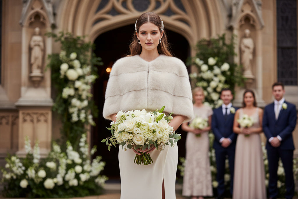 bride wearing a lilly e violetta mink fur cape in front of a church 