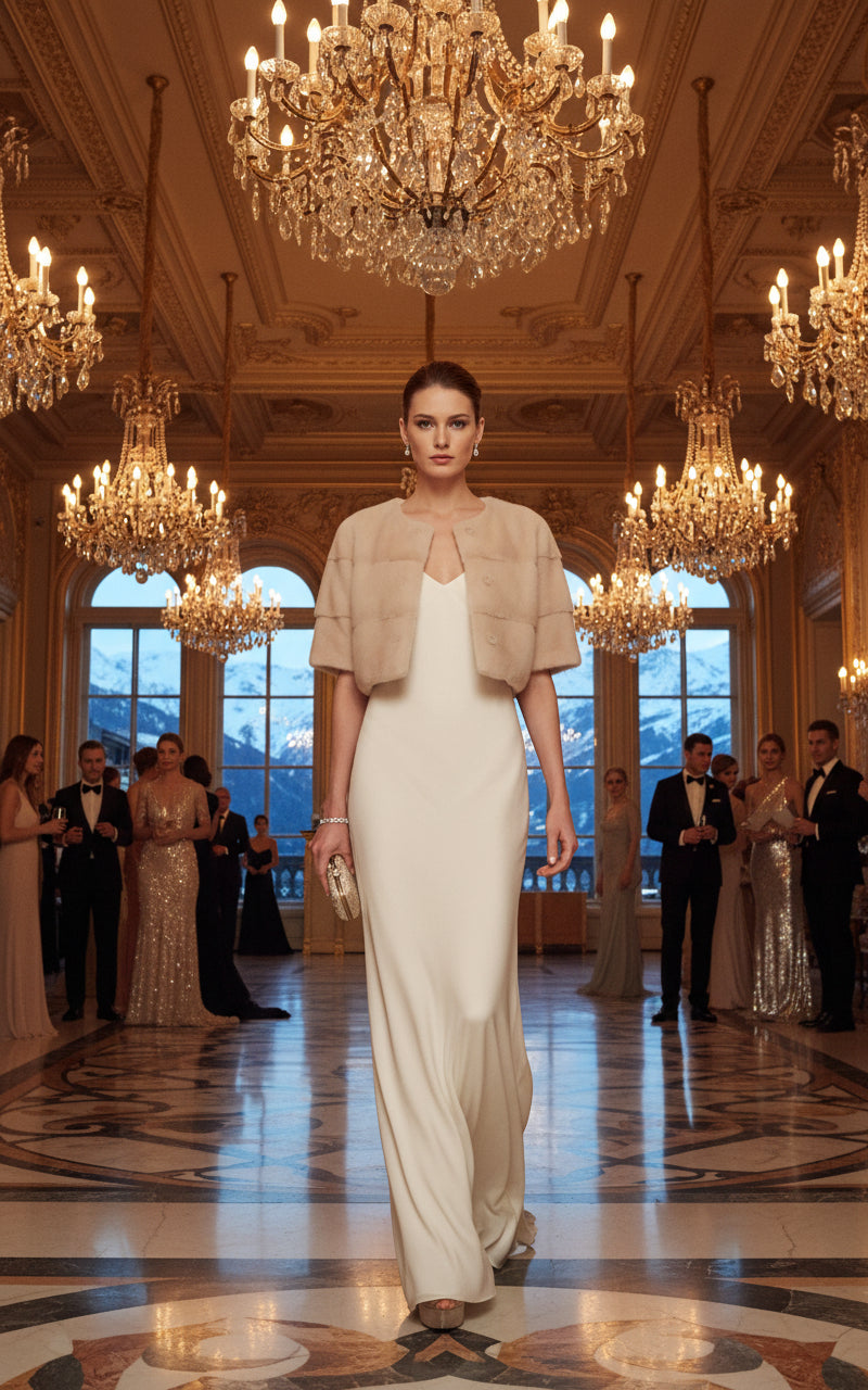 Model wearing a sarah mini mink in beige at a gala 