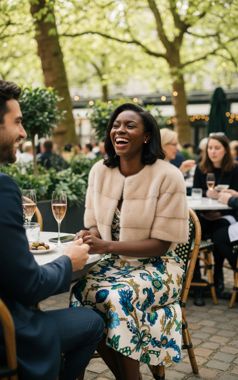 Woman wearing a long white dress with a beige mink on a garden background