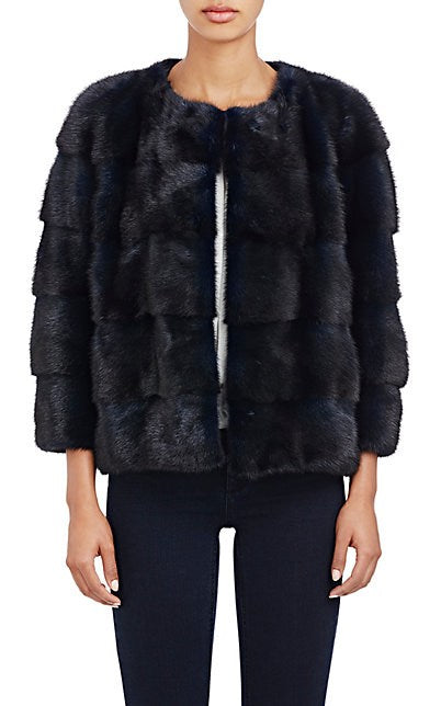 Colour-Blocked Mink Fur Bomber Jacket Blue And White