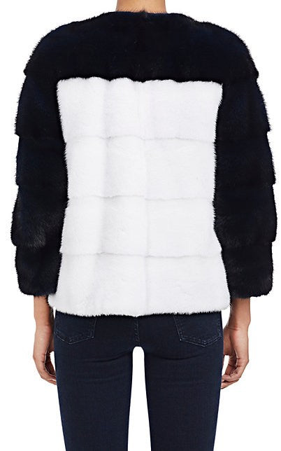 Colour-Blocked Mink Fur Bomber Jacket Blue And White