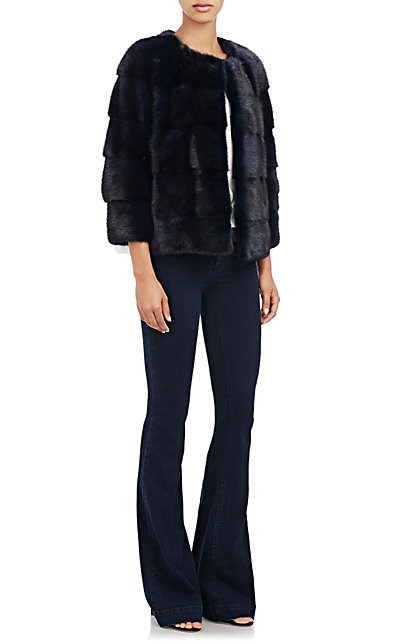 Colour-Blocked Mink Fur Bomber Jacket Blue And White