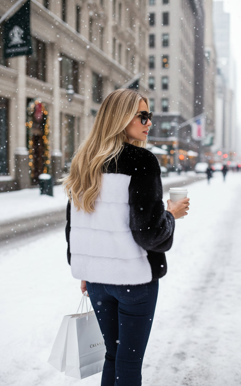 blond model wears a Lilly e Violetta Blu and White mink Jacket Bomber colour block in the streets of New York 