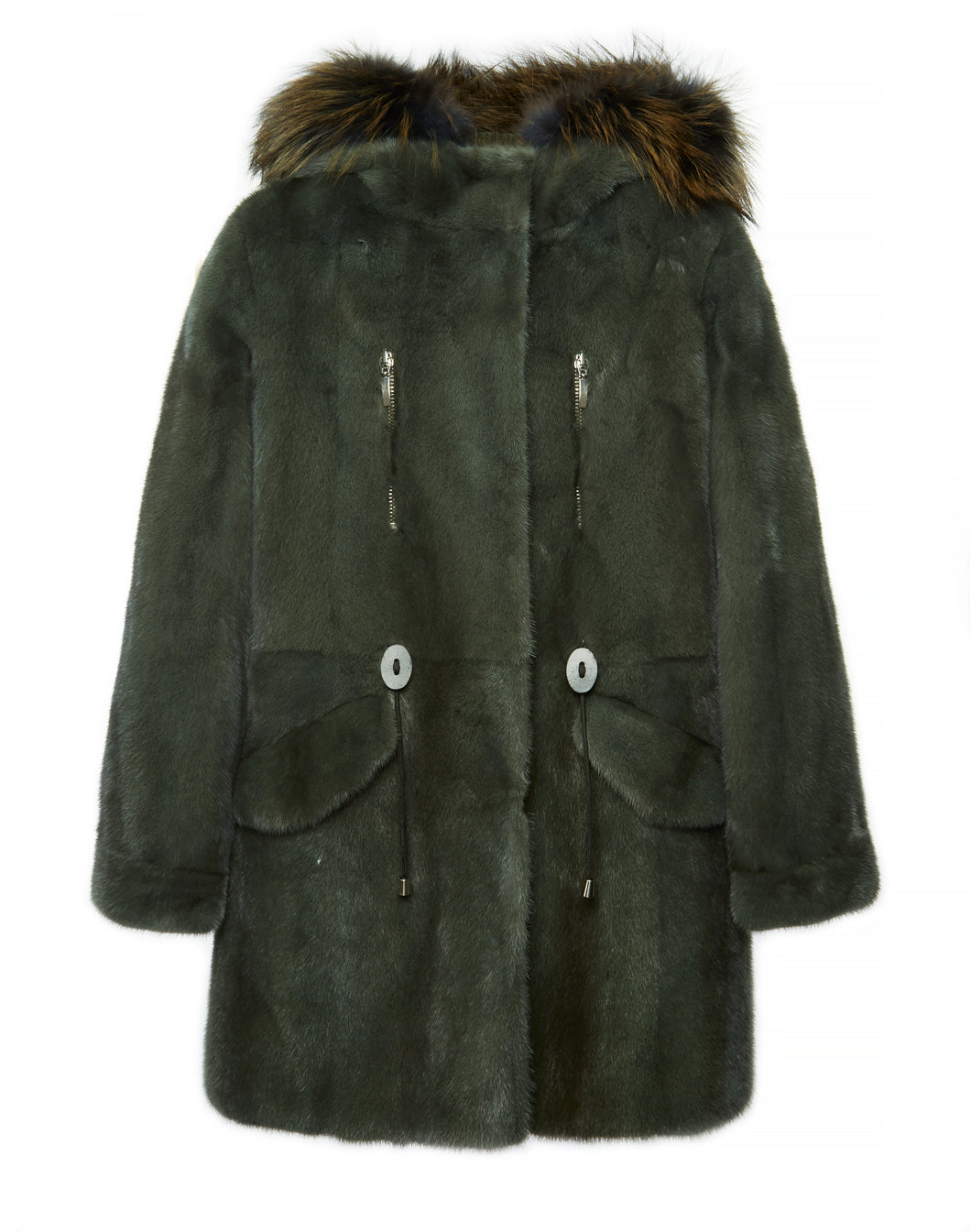 Sophia Full Mink Fur Parka With Fox Fur Trim Hooded Coat