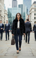 A woman wearing a blue mink fur jacket from Lilly e Violetta 