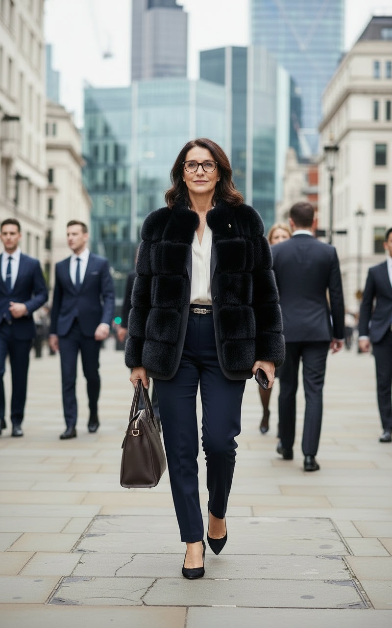 A woman wearing a blue mink fur jacket from Lilly e Violetta 