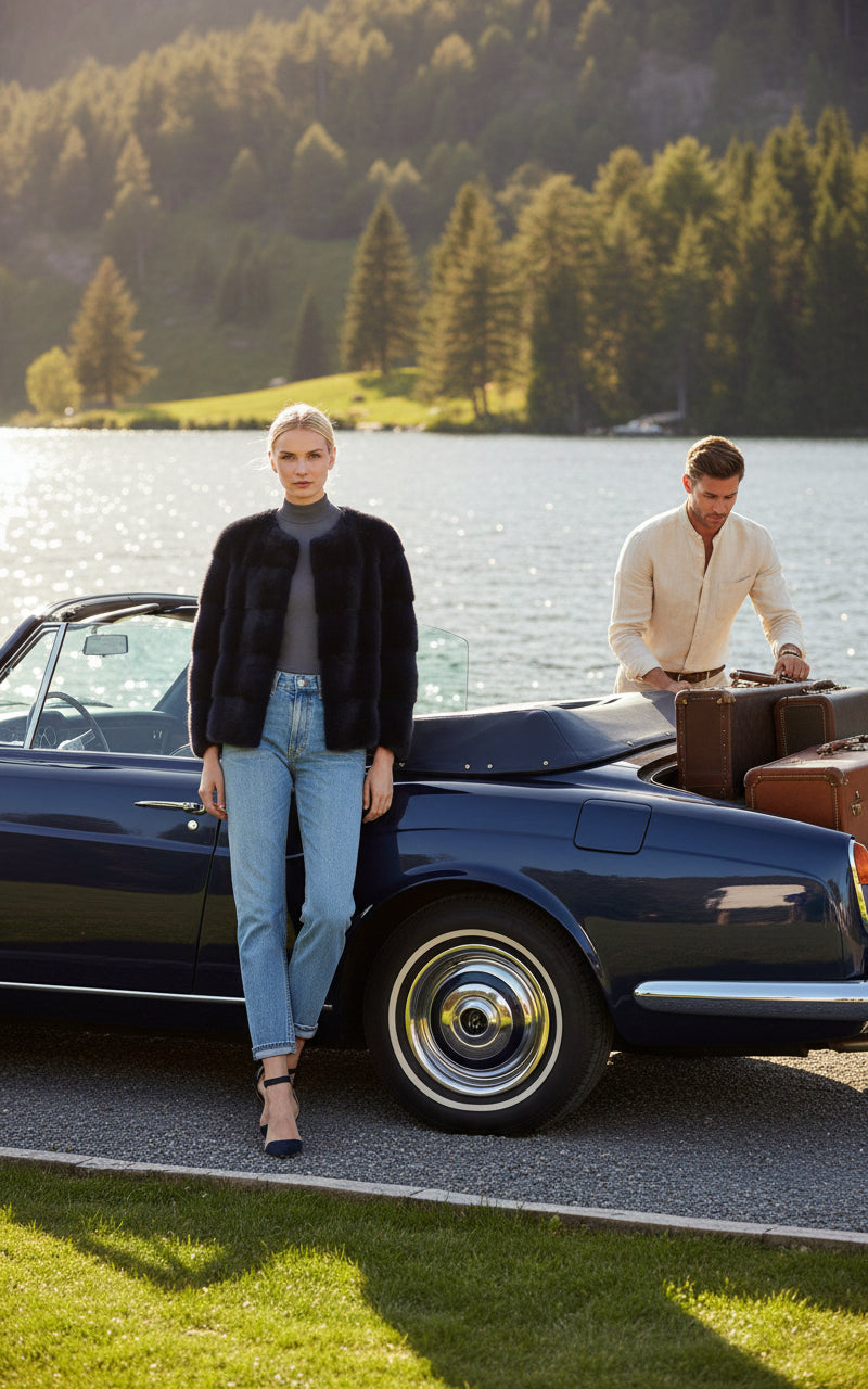 A woman wearing a navy and white colour-blocked mink fur bomber jacket by Lilly e Violetta Furs with collarless design, paired with blue jeans and a grey top.