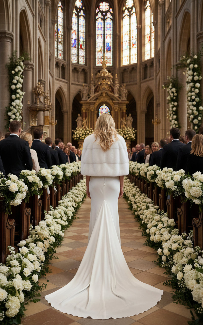 White mink cape on a bride in a church full of friends 