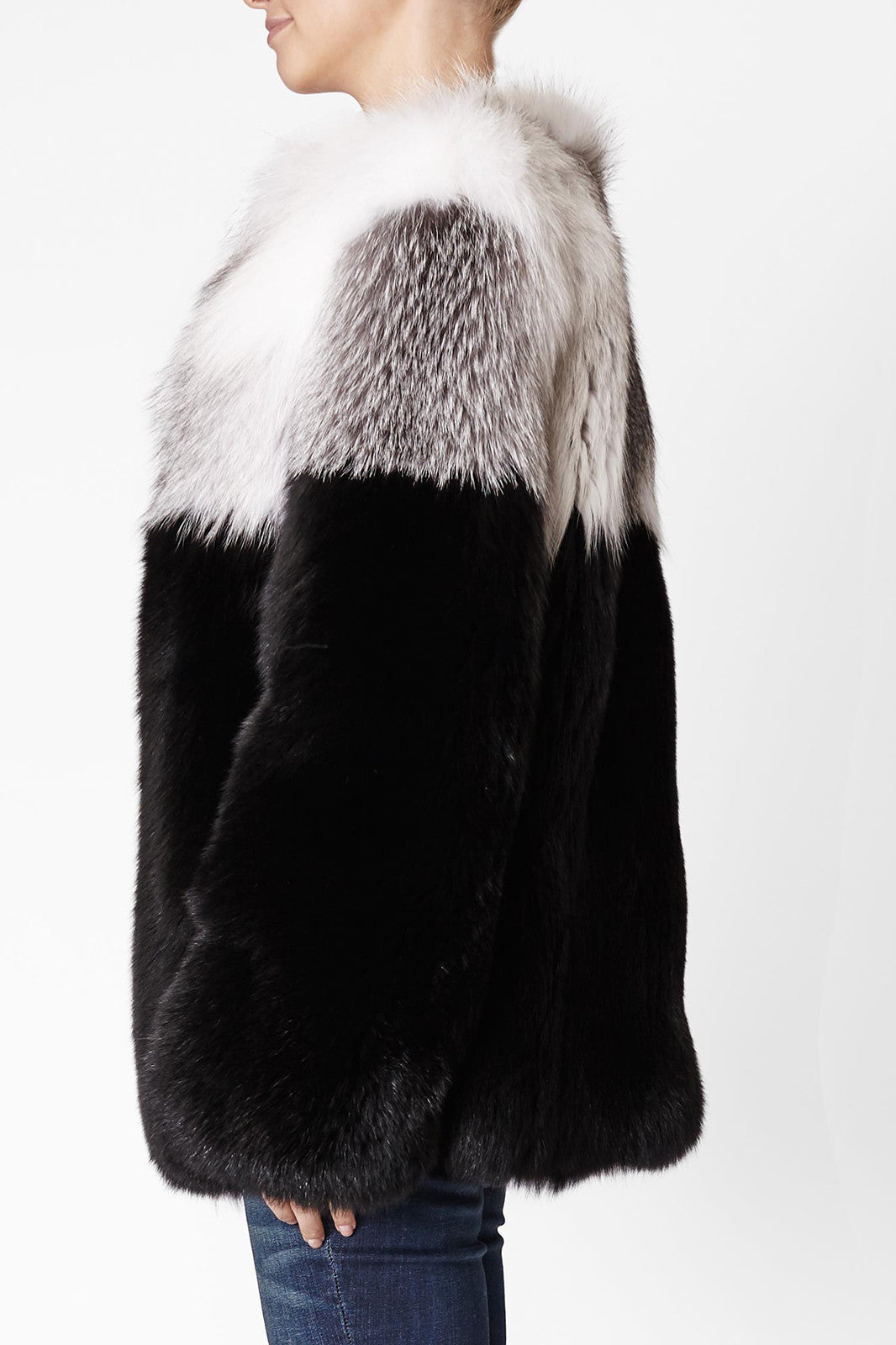 Fox Fur Collar Black Shearling Jacket White Fur Men's Leather