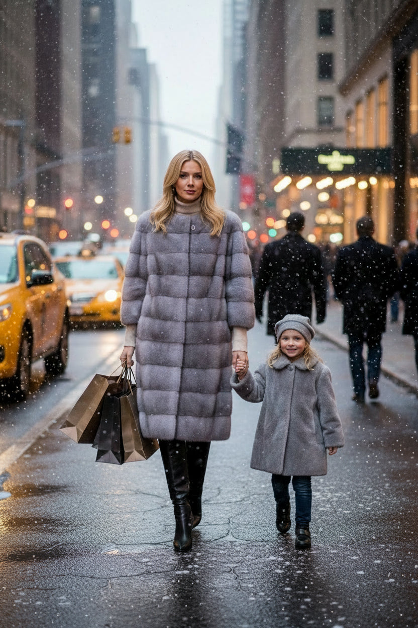 mother wears the sarah long mink in sapphire colour in new york