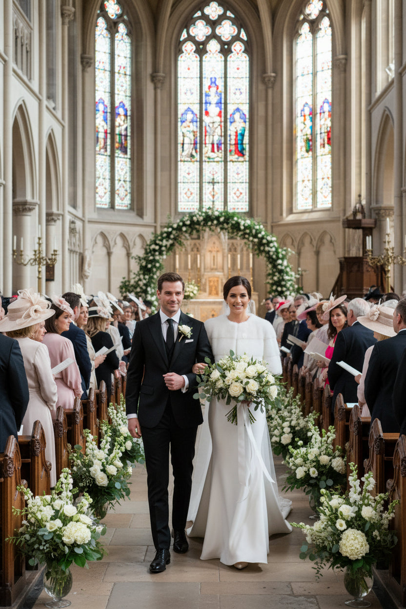 Bride wears Sarah Mini jacket in white mink from Lilly e Violetta 